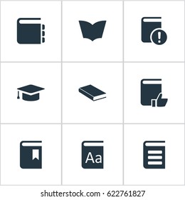 Vector Illustration Set Of Simple Reading Icons. Elements Recommended Reading, Reading, Notebook And Other Synonyms Graduation, Important And Dictionary.