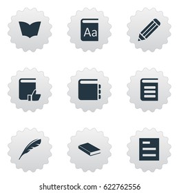 Vector Illustration Set Of Simple Reading Icons. Elements Recommended Reading, Tasklist, Reading And Other Synonyms Recommended, Dictionary And Feather.