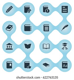Vector Illustration Set Of Simple Reading Icons. Elements Alphabet, Notebook, Pen And Other Synonyms Pen, Textbook And Reading.