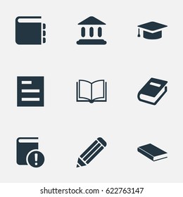 Vector Illustration Set Of Simple Reading Icons. Elements Blank Notebook, Pen, Academic Cap And Other Synonyms Pencil, Journal And Graduation.