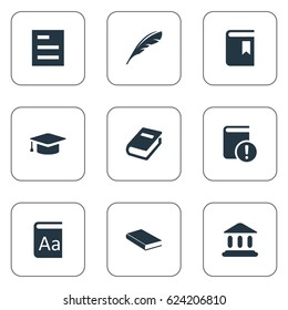 Vector Illustration Set Of Simple Reading Icons. Elements Alphabet, Book Cover, Academic Cap And Other Synonyms Book, Notebook And Catalog.