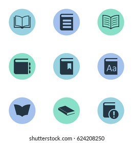 Vector Illustration Set Of Simple Reading Icons. Elements Encyclopedia, Book Cover, Journal And Other Synonyms Blank, Notepad And Bookmark.