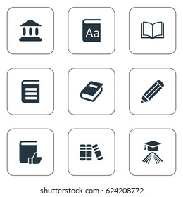 Vector Illustration Set Of Simple Reading Icons. Elements Pen, Graduation Hat, Bookshelf And Other Synonyms Alphabet, Dictionary And Bookshelf.