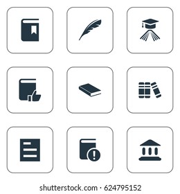 Vector Illustration Set Of Simple Reading Icons. Elements Tasklist, Book Cover, Bookshelf And Other Synonyms List, Academy And Bookshelf.