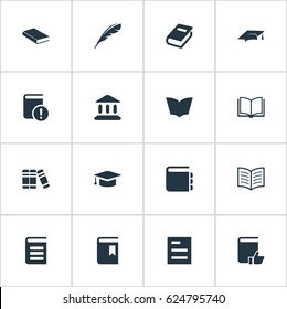 Vector Illustration Set Of Simple Reading Icons. Elements Plume, Library, Bookshelf And Other Synonyms Bookshelf, Document And Quill.