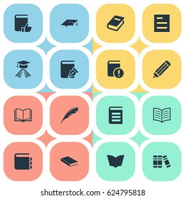 Vector Illustration Set Of Simple Reading Icons. Elements Book Page, Graduation Hat, Bookshelf And Other Synonyms Blank, Graduation And Sketchbook.