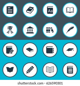 Vector Illustration Set Of Simple Reading Icons. Elements Bookshelf, Notebook, Tasklist And Other Synonyms Dictionary, Feather And Building.