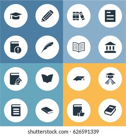 Vector Illustration Set Of Simple Reading Icons. Elements Academic Cap, Library, Pen And Other Synonyms Sketchbook, Note And Dictionary.