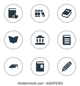 Vector Illustration Set Of Simple Reading Icons. Elements Book Cover, Pen, Recommended Reading And Other Synonyms Library, Building And School.