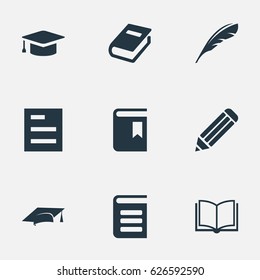 Vector Illustration Set Of Simple Reading Icons. Elements Plume, Encyclopedia, Blank Notebook And Other Synonyms Note, Encyclopedia And Book.