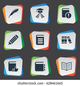 Vector Illustration Set Of Simple Reading Icons. Elements Bookshelf, Plume, Journal And Other Synonyms Encyclopedia, Notepad And Writing.