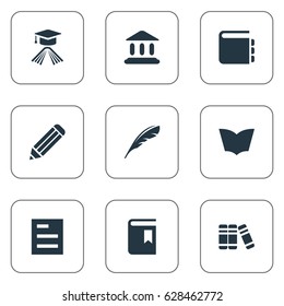 Vector Illustration Set Of Simple Reading Icons. Elements Reading, Plume, Book Cover And Other Synonyms Literature, Building And Pen.