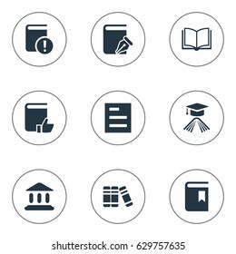 Vector Illustration Set Of Simple Reading Icons. Elements Library, Bookshelf, Book Cover And Other Synonyms Note, Reading And Building.