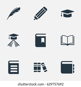 Vector Illustration Set Of Simple Reading Icons. Elements Blank Notebook, Pen, Graduation Hat And Other Synonyms Literature, Writing And Feather.