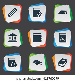 Vector Illustration Set Of Simple Reading Icons. Elements Alphabet, Notebook, Pen And Other Synonyms Pen, Cap And Dictionary.