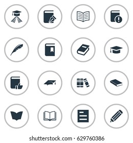 Vector Illustration Set Of Simple Reading Icons. Elements Sketchbook, Pen, Academic Cap And Other Synonyms Blank, List And Graduation.