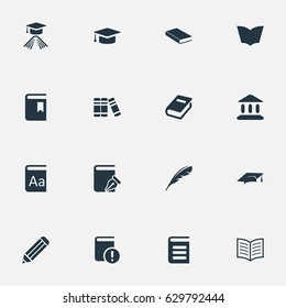 Vector Illustration Set Of Simple Reading Icons. Elements Encyclopedia, Academic Cap, Academic Cap And Other Synonyms Bookshelf, Building And Sketchbook.