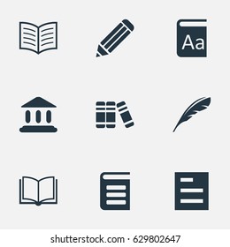 Vector Illustration Set Of Simple Reading Icons. Elements Encyclopedia, Book Page, Bookshelf And Other Synonyms Book, Encyclopedia And List.