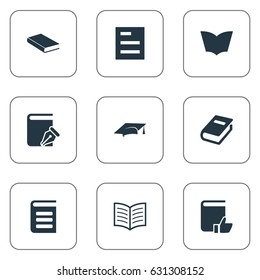 Vector Illustration Set Of Simple Reading Icons. Elements Reading, Sketchbook, Recommended Reading And Other Synonyms Document, Dictionary And Cap.