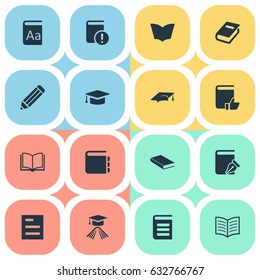 Vector Illustration Set Of Simple Reading Icons. Elements Academic Cap, Sketchbook, Notebook And Other Synonyms Reading, Dictionary And Cap.