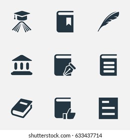 Vector Illustration Set Of Simple Reading Icons. Elements Book Cover, Library, Encyclopedia And Other Synonyms Bookmark, List And Reading.