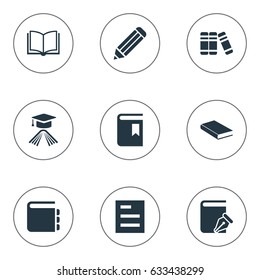 Vector Illustration Set Of Simple Reading Icons. Elements Journal, Blank Notebook, Notebook And Other Synonyms Bookmark, Writing And Notepad.