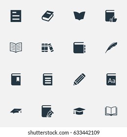 Vector Illustration Set Of Simple Reading Icons. Elements Academic Cap, Sketchbook, Book Page And Other Synonyms Favored, Plume And Writing.