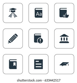 Vector Illustration Set Of Simple Reading Icons. Elements Book Cover, Academic Cap, Tasklist And Other Synonyms Bookmark, Alphabet And Academy.