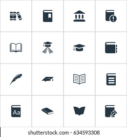 Vector Illustration Set Of Simple Reading Icons. Elements Bookshelf, Plume, Reading And Other Synonyms Academy, Bookmark And Notepad.