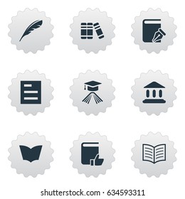 Vector Illustration Set Of Simple Reading Icons. Elements Reading, Library, Graduation Hat And Other Synonyms Notebook, Bookshelf And Book.