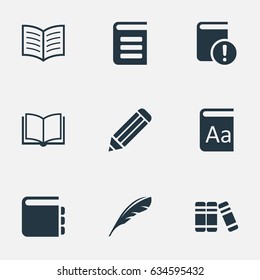 Vector Illustration Set Of Simple Reading Icons. Elements Blank Notebook, Alphabet, Important Reading And Other Synonyms Bookshelf, Pen And Quill.