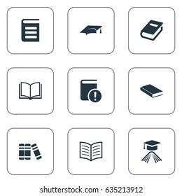 Vector Illustration Set Of Simple Reading Icons. Elements Bookshelf, Encyclopedia, Book Page And Other Synonyms Notebook, Dictionary And Blank.