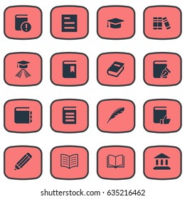 Vector Illustration Set Of Simple Reading Icons. Elements Academic Cap, Recommended Reading, Bookshelf And Other Synonyms Writing, Reading And Hat.