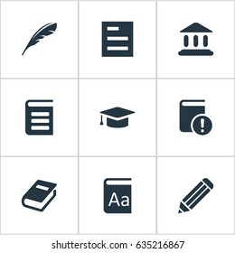 Vector Illustration Set Of Simple Reading Icons. Elements Library, Important Reading, Plume And Other Synonyms Note, Hat And Graduation.