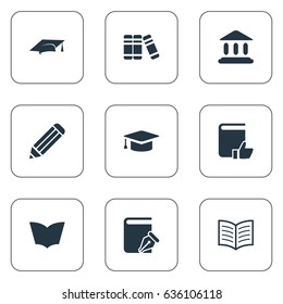 Vector Illustration Set Of Simple Reading Icons. Elements Academic Cap, Pen, Recommended Reading And Other Synonyms Bookshelf, Cap And Pencil.