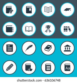 Vector Illustration Set Of Simple Reading Icons. Elements Blank Notebook, Bookshelf, Sketchbook And Other Synonyms Write, Writing And Quill.