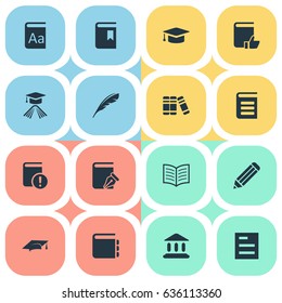 Vector Illustration Set Of Simple Reading Icons. Elements Journal, Sketchbook, Recommended Reading And Other Synonyms Pencil, Feather And Alphabet.