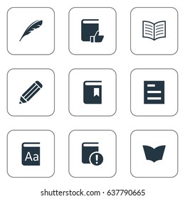 Vector Illustration Set Of Simple Reading Icons. Elements Book Cover, Tasklist, Important Reading And Other Synonyms Document, Alphabet And Pencil.