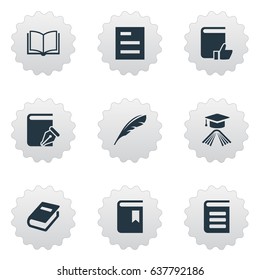 Vector Illustration Set Of Simple Reading Icons. Elements Plume, Notebook, Book Cover And Other Synonyms Quill, Academic And List.