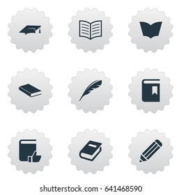 Vector Illustration Set Of Simple Reading Icons. Elements Plume, Academic Cap, Notebook And Other Synonyms Textbook, Page And Hat.