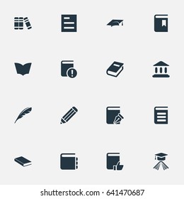 Vector Illustration Set Of Simple Reading Icons. Elements Journal, Bookshelf, Reading And Other Synonyms Quill, Write And Plume.