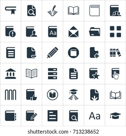 Vector Illustration Set Of Simple Reading Icons. Elements Document Archive, Catalog, Plus Text And Other Synonyms Feathered, Tag And Hanging.