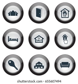 Vector Illustration Set Of Simple Real Icons. Elements Bed, Sale, Family In House And Other Synonyms Advertisement, Architecture And Safety.