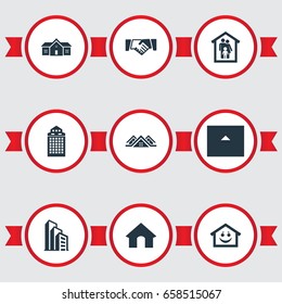 Vector Illustration Set Of Simple Real Icons. Elements 3 Housings, Smiley Casa, Barn And Other Synonyms Kennel, Cottage And Home.