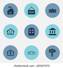 Vector Illustration Set Of Simple Real Icons. Elements Construction, Domicile, Ancient Temple And Other Synonyms Board, Stock And Lease.