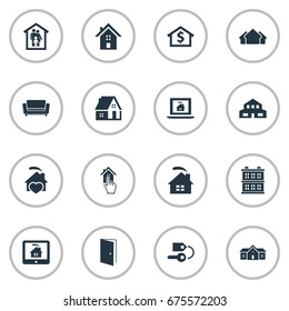 Vector Illustration Set Of Simple Real Icons. Elements Choose, Domicile, Real Estate Database And Other Synonyms Cottage, Stock And Hut.