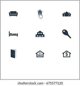 Vector Illustration Set Of Simple Real Icons. Elements Choose, Capital, Structure And Other Synonyms Settee, Structure And House.