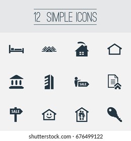 Vector Illustration Set Of Simple Real Icons. Elements Promotion, High-Rise, Family In House And Other Synonyms Protection, Building And Museum.