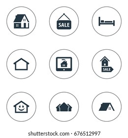 Vector Illustration Set Of Simple Real Icons. Elements Residential, Carcass, Hut And Other Synonyms Hotel, Advertising And Offer.