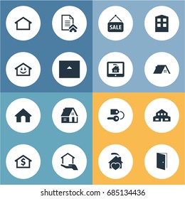Vector Illustration Set Of Simple Real Icons. Elements Key, Capital, Barn And Other Synonyms Home, Estate And Database.